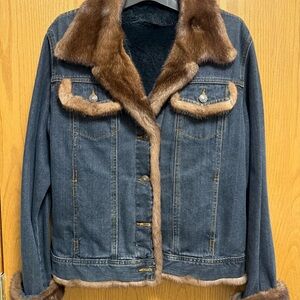 Denim Jacket with Mahogany Mink  Fur Trim & lined in dyed Navy Rex Rabbit